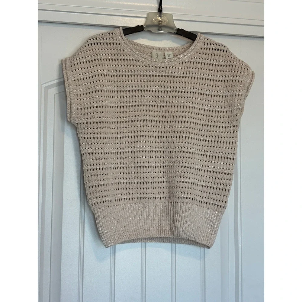 Joie Womens Beige Metallic Sequin Open Knit Sleeveless Sweater Top Small - Picture 2 of 8